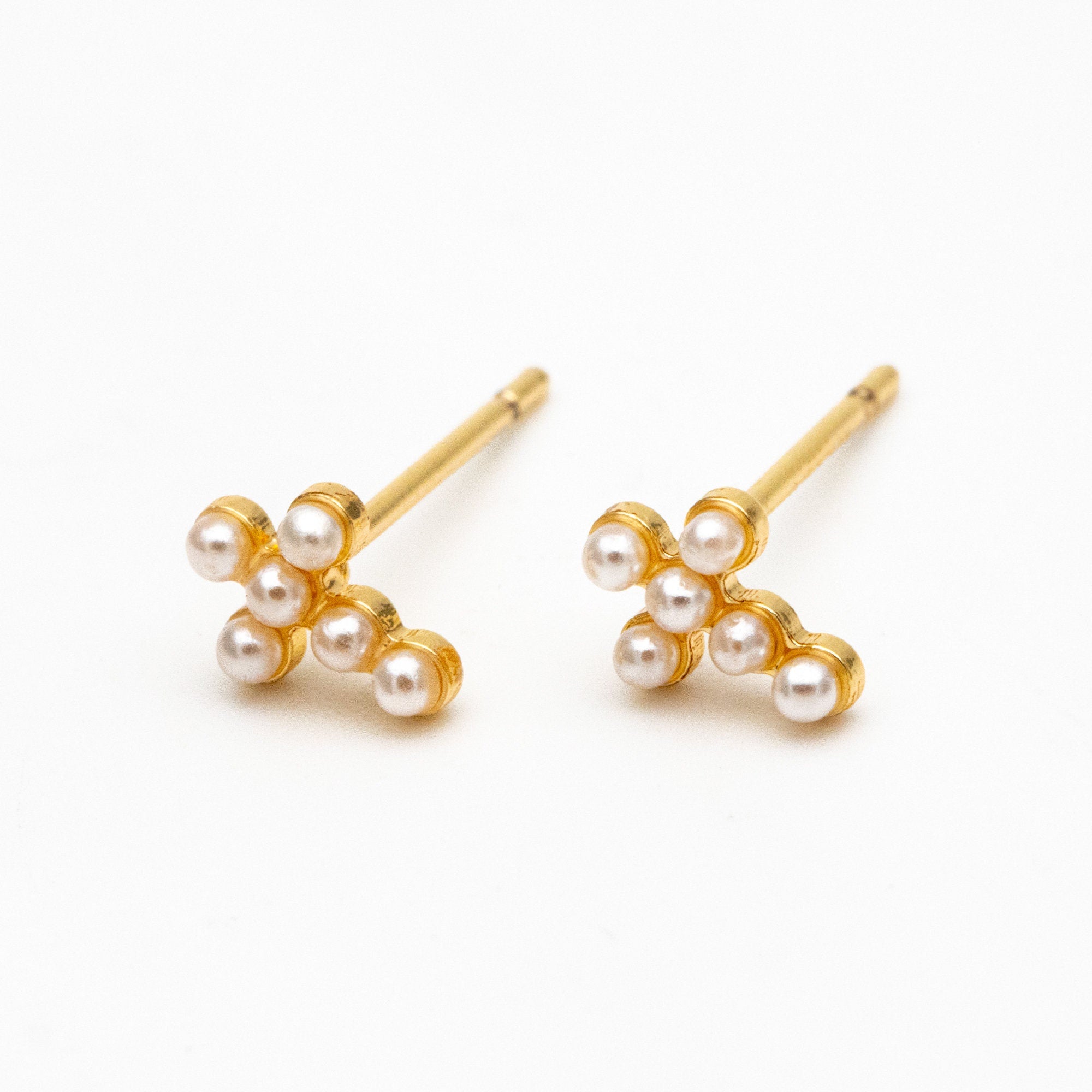 4pcs Faux Pearl Pave Gold Cross Earrings, Gold Plated Brass Small Cross Stud Earring (#GB-3637-A)